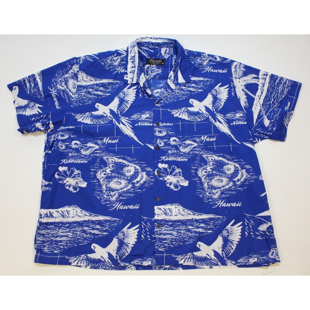FAVANT HAWAIIAN SHIRT MENS SZ 5XL Blue White Flying‎ Parrots Islands Hibiscus